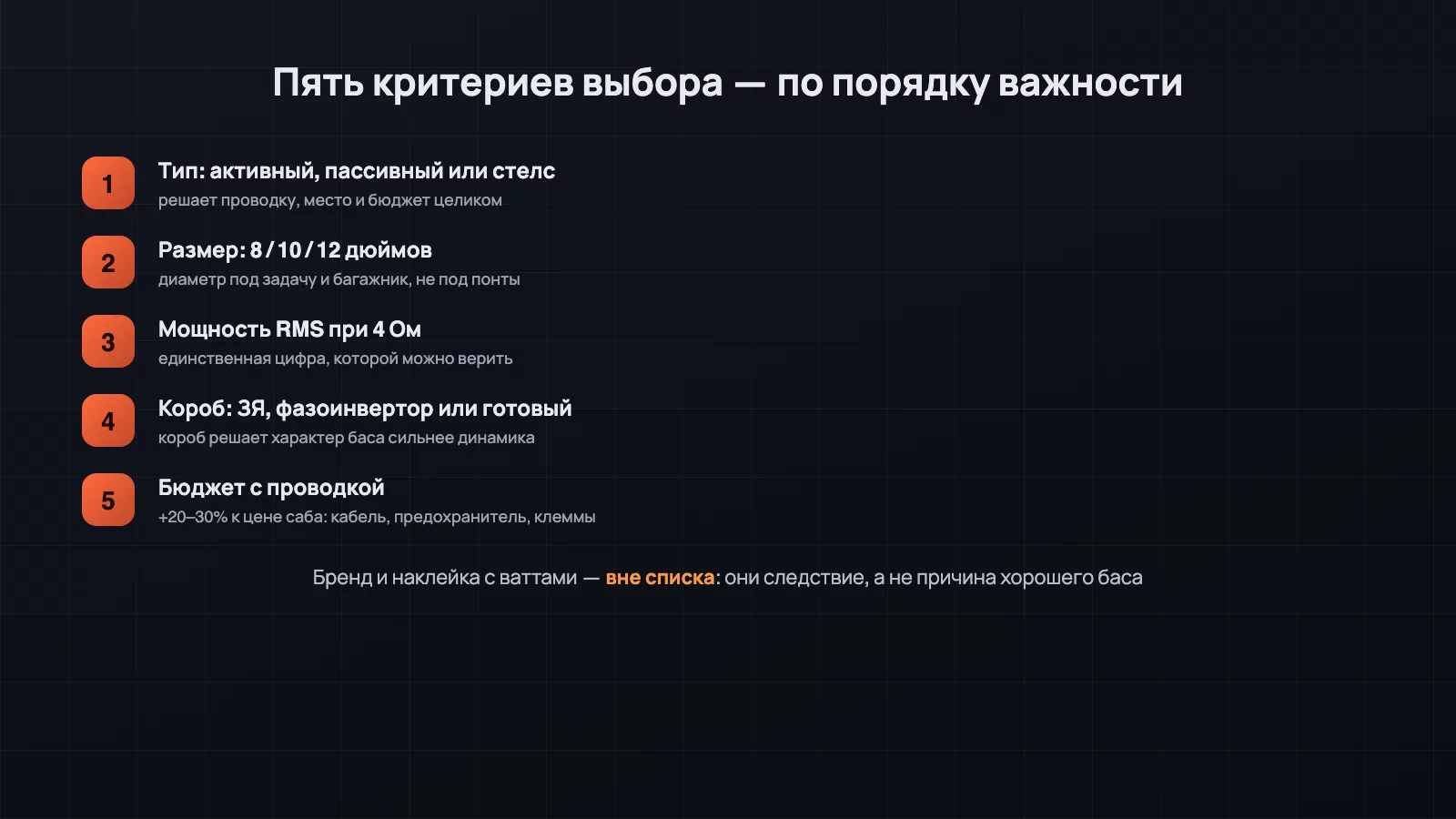 Пять критериев выбора сабвуфера в багажник: тип, размер, RMS, короб, бюджет с проводкой